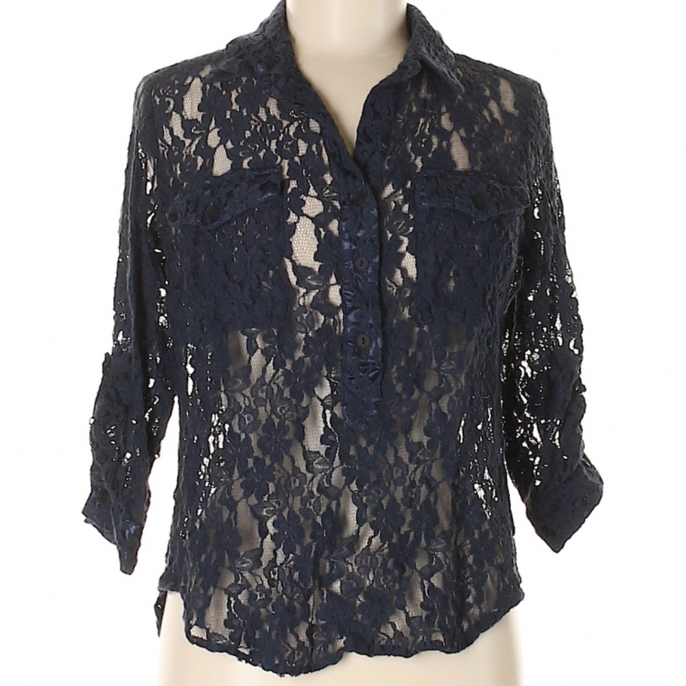Alex + Alex Navy Blue Lace Blouse Medium